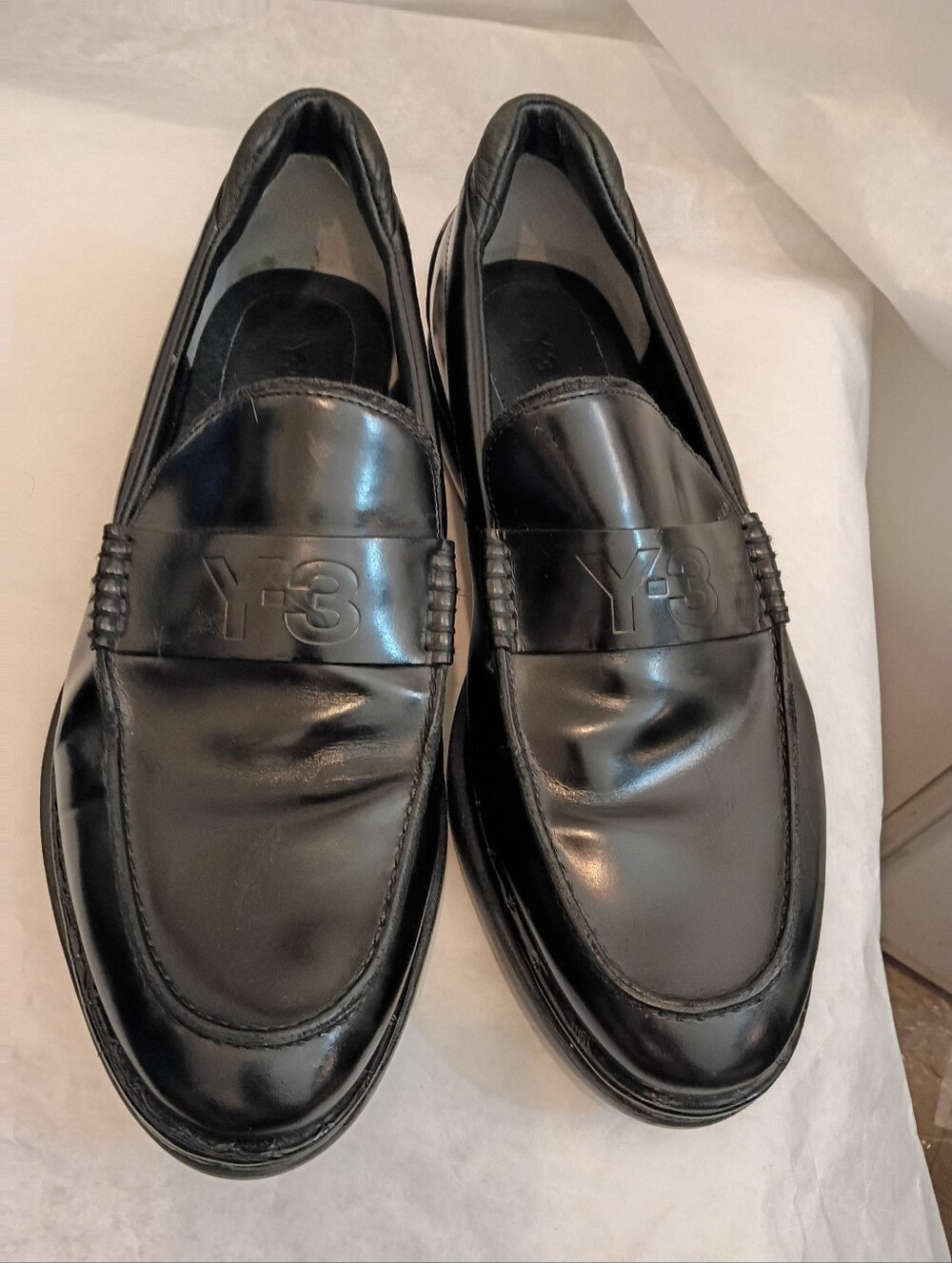 Y3 Luxury Mens Chunky Black Smooth Leather Logo Loafers Size UK 9 Us 10